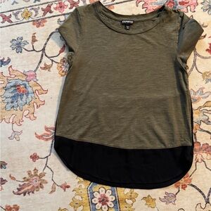 Express Olive and Black Short Sleeve Tee with Layered Hem